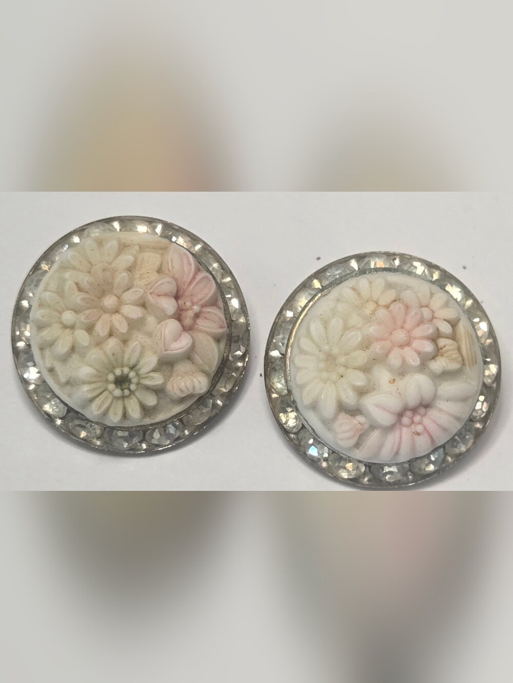 Vintage Floral Cameo Style Rhinestone Clip-On Earrings